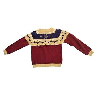Vtg JCPenney Nordic Geometric Sweater Red Gold Navy Boy's Preppy L 16-18 Knit